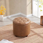 Pouffe de rangement rond capitonné en similicuir avec pieds en bois
