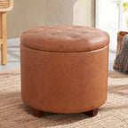 Ornavo Home Faux Leather Upholstered Round Tufted Storage Ottoman with Wooden Legs