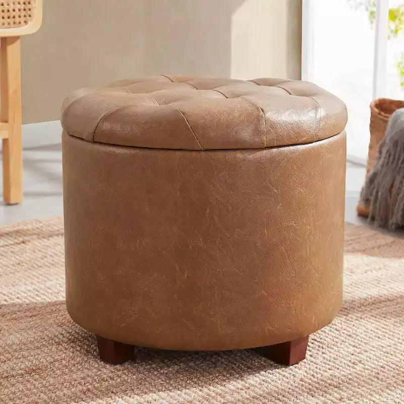 Pouffe de rangement rond capitonné en similicuir avec pieds en bois