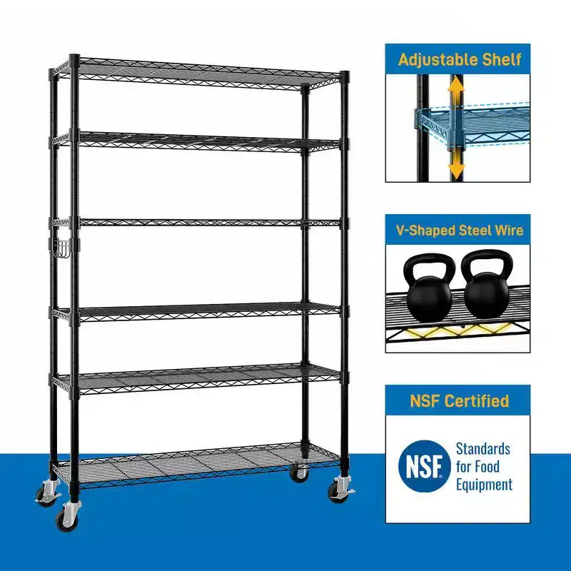 Étagère de 46 po de large, réglable en hauteur, avec roues, 6 tablettes
