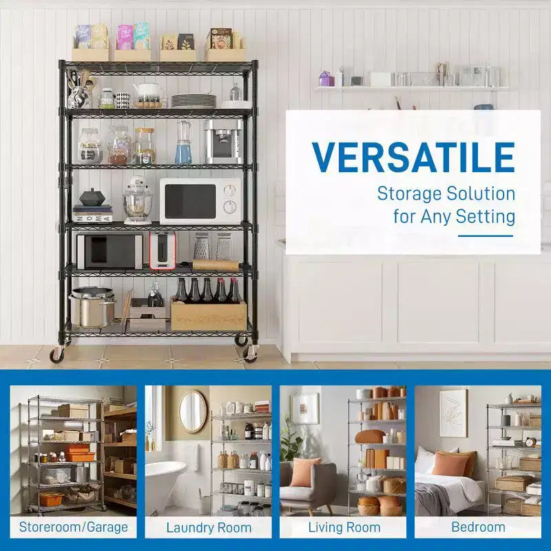 Étagère de 46 po de large, réglable en hauteur, avec roues, 6 tablettes