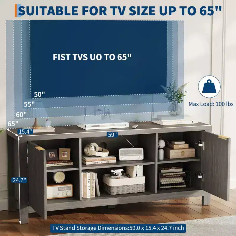 Meubles TV modernes pour 70 pouces, meuble cannelé avec rangement, meuble TV de style Mid-Century Moderne pour TV 50/55/60/65 pouces, console TV en chêne robuste