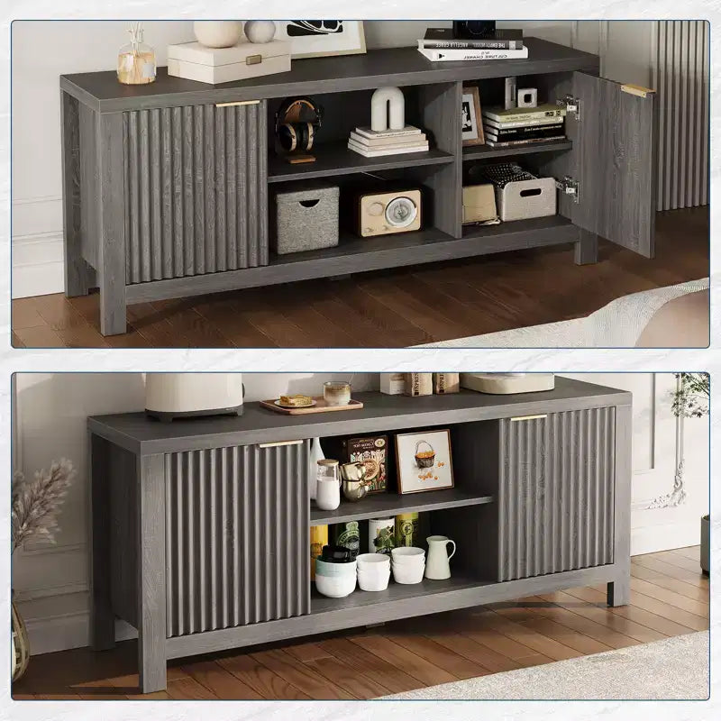 Meubles TV modernes pour 70 pouces, meuble cannelé avec rangement, meuble TV de style Mid-Century Moderne pour TV 50/55/60/65 pouces, console TV en chêne robuste