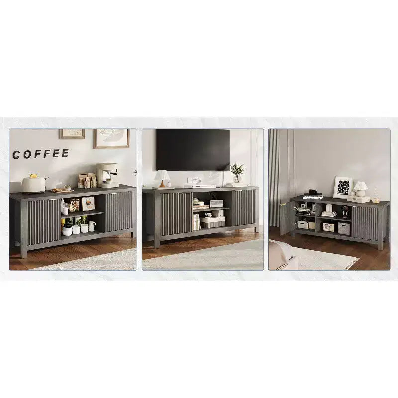 Meubles TV modernes pour 70 pouces, meuble cannelé avec rangement, meuble TV de style Mid-Century Moderne pour TV 50/55/60/65 pouces, console TV en chêne robuste