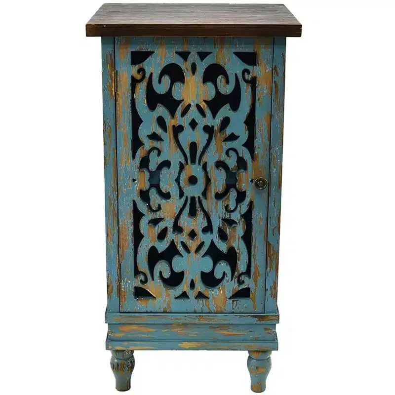 Table d'appoint rectangulaire rustique en bois à double rangement avec pieds sculptés, sarcelle