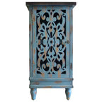 Table d'appoint rectangulaire rustique en bois à double rangement avec pieds sculptés, sarcelle