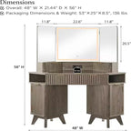 Coiffeuse d'angle avec miroir LED et station de recharge, 48" avec plateau en verre et armoires de rangement