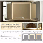 Coiffeuse d'angle avec miroir LED et station de recharge, 48" avec plateau en verre et armoires de rangement