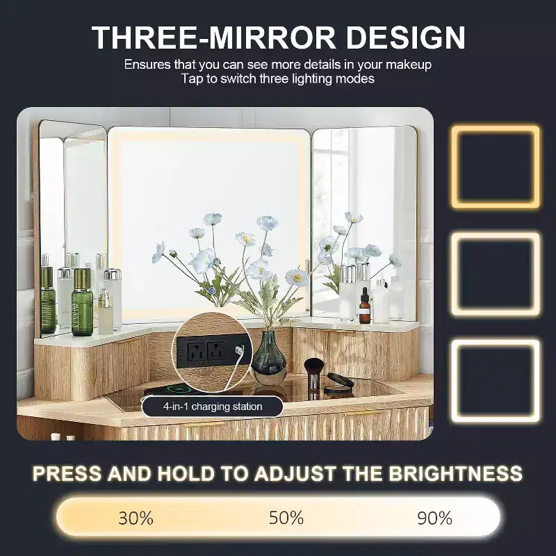 Coiffeuse d'angle avec miroir LED et station de recharge, 48" avec plateau en verre et armoires de rangement