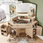 Coiffeuse d'angle avec miroir LED et station de recharge, 48" avec plateau en verre et armoires de rangement