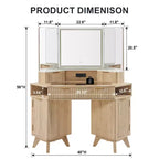 Coiffeuse d'angle avec miroir LED et station de recharge, 48" avec plateau en verre et armoires de rangement