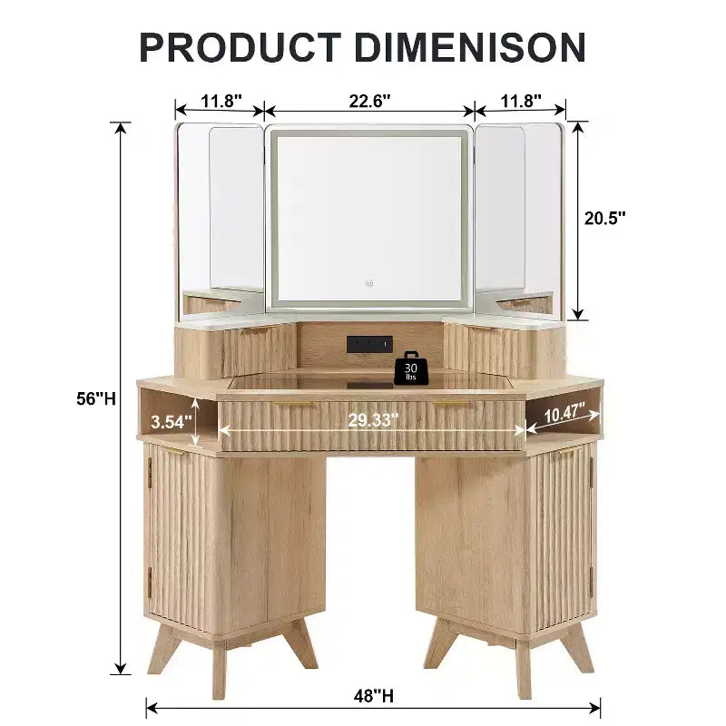 Coiffeuse d'angle avec miroir LED et station de recharge, 48" avec plateau en verre et armoires de rangement