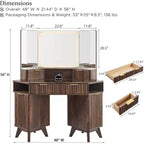 Coiffeuse d'angle avec miroir LED et station de recharge, 48" avec plateau en verre et armoires de rangement