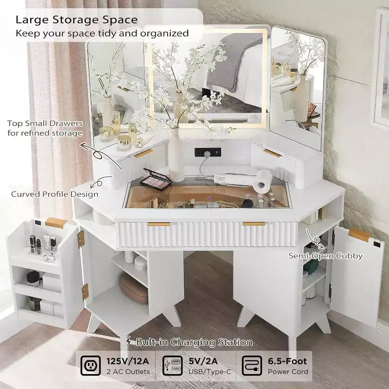 Coiffeuse d'angle avec miroir LED et station de recharge, 48" avec plateau en verre et armoires de rangement