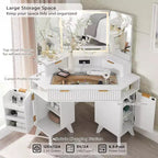 Coiffeuse d'angle avec miroir LED et station de recharge, 48" avec plateau en verre et armoires de rangement