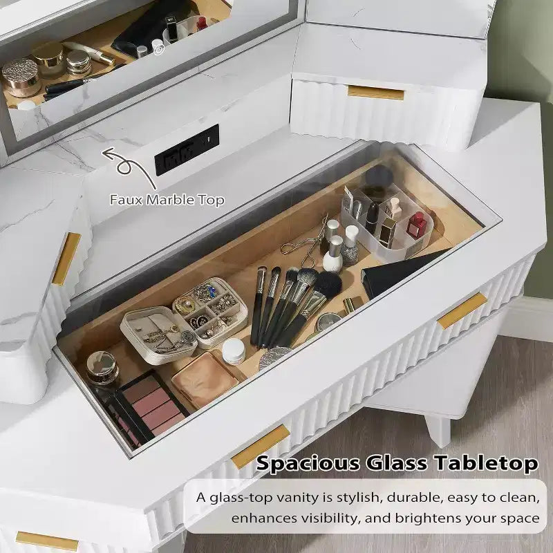 Coiffeuse d'angle avec miroir LED et station de recharge, 48" avec plateau en verre et armoires de rangement