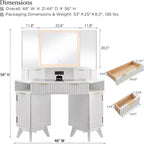 Coiffeuse d'angle avec miroir LED et station de recharge, 48" avec plateau en verre et armoires de rangement