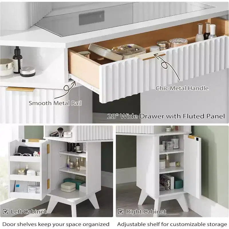 Coiffeuse d'angle avec miroir LED et station de recharge, 48" avec plateau en verre et armoires de rangement