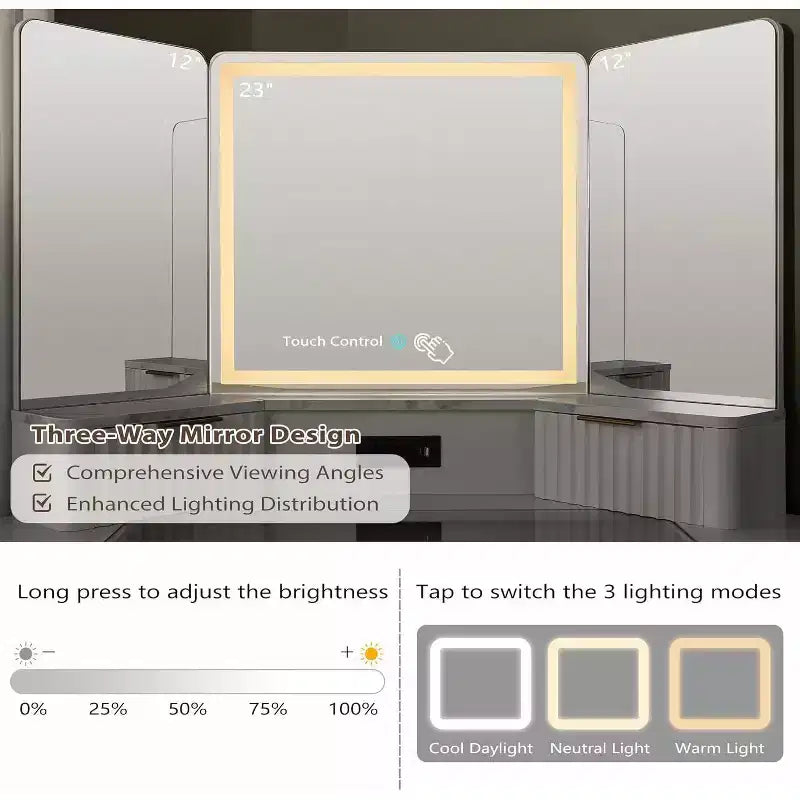 Coiffeuse d'angle avec miroir LED et station de recharge, 48" avec plateau en verre et armoires de rangement