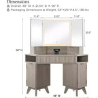 Coiffeuse d'angle avec miroir LED et station de recharge, 48" avec plateau en verre et armoires de rangement