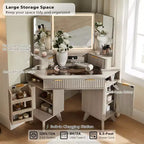 Coiffeuse d'angle avec miroir LED et station de recharge, 48" avec plateau en verre et armoires de rangement