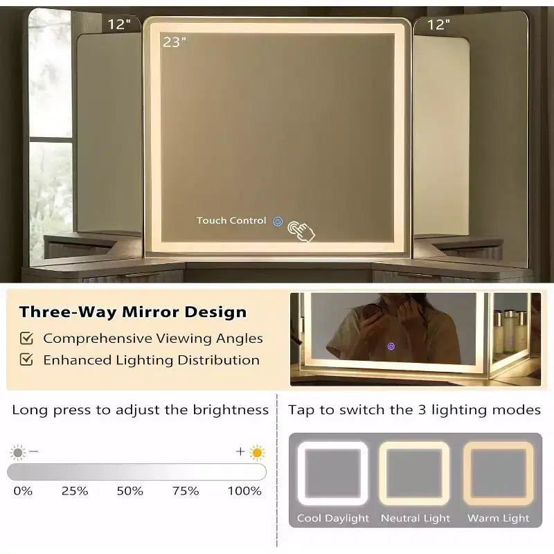 Coiffeuse d'angle avec miroir LED et station de recharge, 48" avec plateau en verre et armoires de rangement