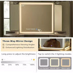 Coiffeuse d'angle avec miroir LED et station de recharge, 48" avec plateau en verre et armoires de rangement