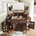 Coiffeuse d'angle avec miroir LED et station de recharge, 48" avec plateau en verre et armoires de rangement