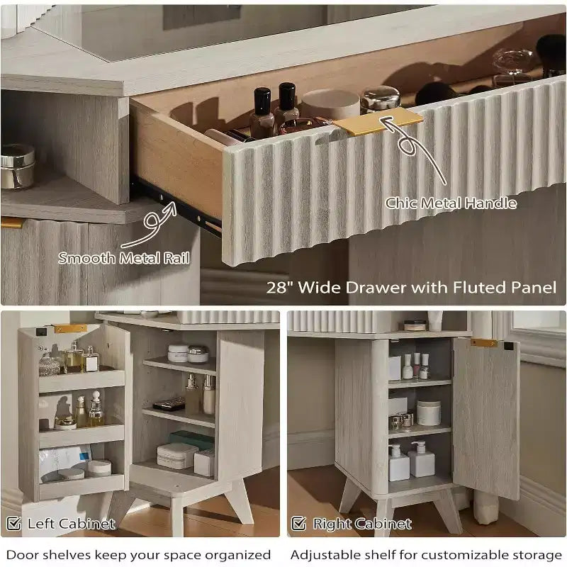 Coiffeuse d'angle avec miroir LED et station de recharge, 48" avec plateau en verre et armoires de rangement