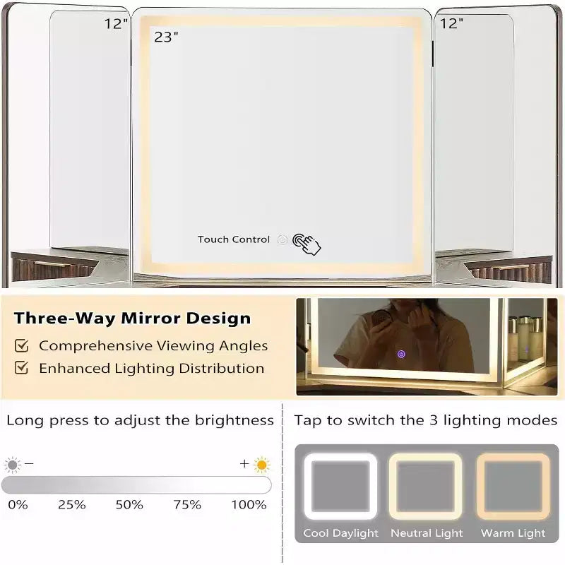 Coiffeuse d'angle avec miroir LED et station de recharge, 48" avec plateau en verre et armoires de rangement