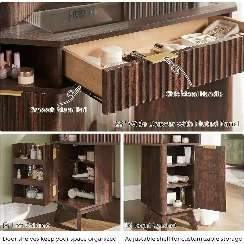 Coiffeuse d'angle avec miroir LED et station de recharge, 48" avec plateau en verre et armoires de rangement