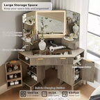 Coiffeuse d'angle avec miroir LED et station de recharge, 48" avec plateau en verre et armoires de rangement