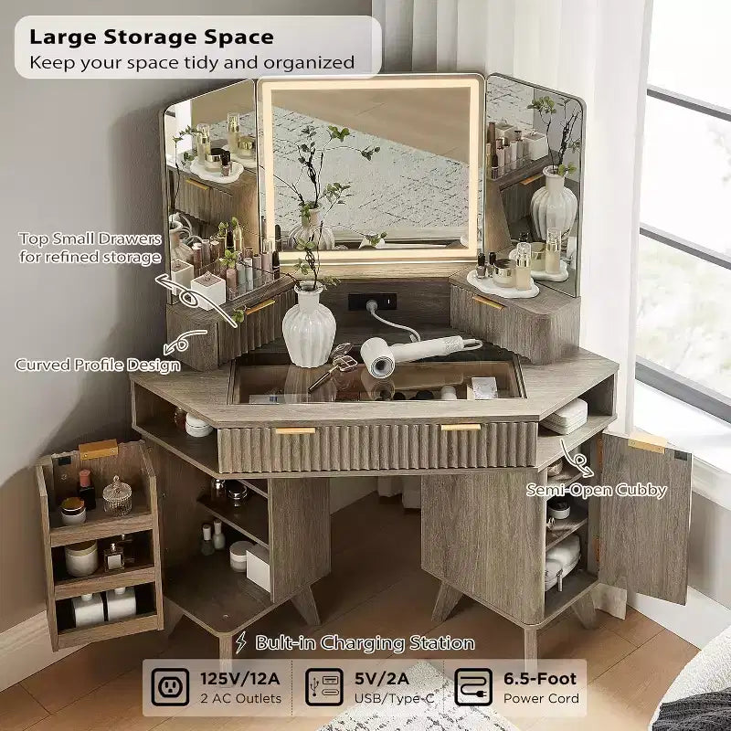 Coiffeuse d'angle avec miroir LED et station de recharge, 48" avec plateau en verre et armoires de rangement