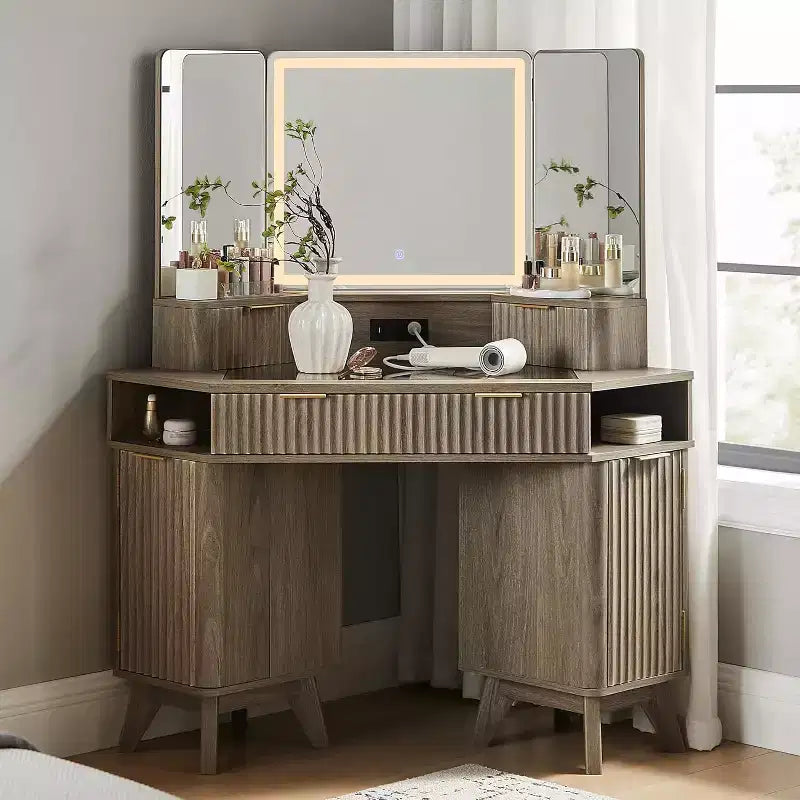 Coiffeuse d'angle avec miroir LED et station de recharge, 48" avec plateau en verre et armoires de rangement
