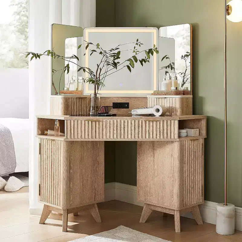 Coiffeuse d'angle avec miroir LED et station de recharge, 48" avec plateau en verre et armoires de rangement