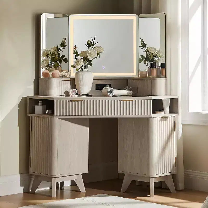 Coiffeuse d'angle avec miroir LED et station de recharge, 48" avec plateau en verre et armoires de rangement