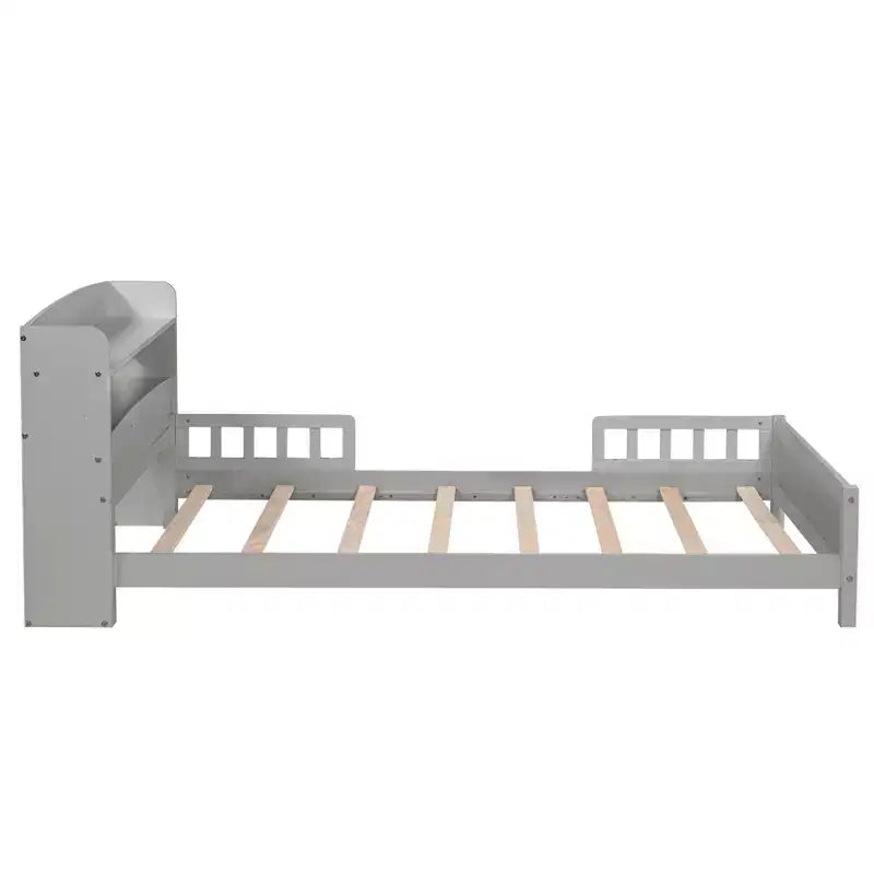 Lit en bois Twin Pine avec tête de lit bibliothèque et LED à détecteur de mouvement, barrières réglables, lit pour enfant