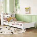 Lit en bois Twin Pine avec tête de lit bibliothèque et LED à détecteur de mouvement, barrières réglables, lit pour enfant