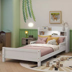 Lit en bois Twin Pine avec tête de lit bibliothèque et LED à détecteur de mouvement, barrières réglables, lit pour enfant