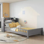 Lit en bois Twin Pine avec tête de lit bibliothèque et LED à détecteur de mouvement, barrières réglables, lit pour enfant