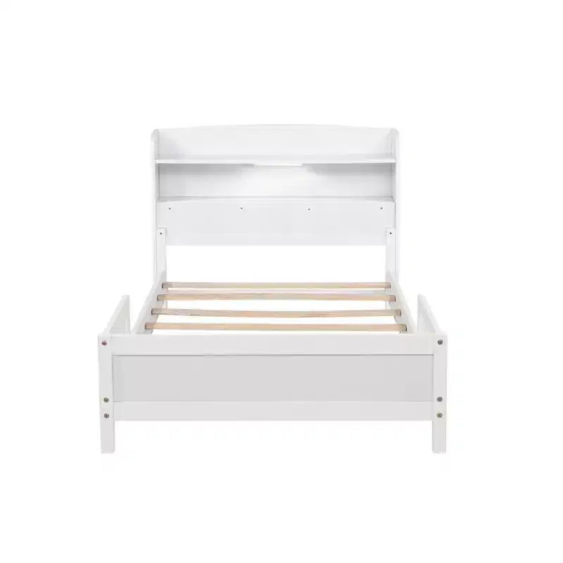 Lit en bois Twin Pine avec tête de lit bibliothèque et LED à détecteur de mouvement, barrières réglables, lit pour enfant