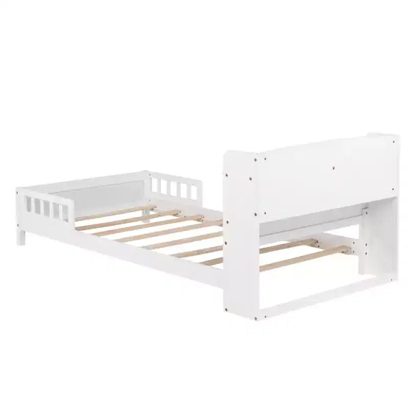 Lit en bois Twin Pine avec tête de lit bibliothèque et LED à détecteur de mouvement, barrières réglables, lit pour enfant