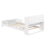 Lit en bois Twin Pine avec tête de lit bibliothèque et LED à détecteur de mouvement, barrières réglables, lit pour enfant