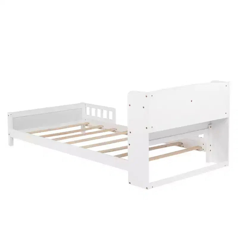 Lit en bois Twin Pine avec tête de lit bibliothèque et LED à détecteur de mouvement, barrières réglables, lit pour enfant