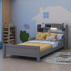 Lit en bois Twin Pine avec tête de lit bibliothèque et LED à détecteur de mouvement, barrières réglables, lit pour enfant