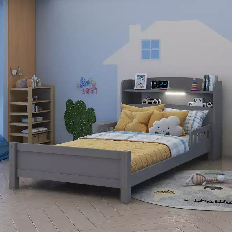 Lit en bois Twin Pine avec tête de lit bibliothèque et LED à détecteur de mouvement, barrières réglables, lit pour enfant