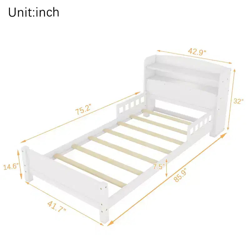 Lit en bois Twin Pine avec tête de lit bibliothèque et LED à détecteur de mouvement, barrières réglables, lit pour enfant