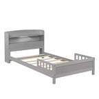 Lit en bois Twin Pine avec tête de lit bibliothèque et LED à détecteur de mouvement, barrières réglables, lit pour enfant