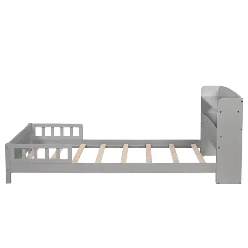 Lit en bois Twin Pine avec tête de lit bibliothèque et LED à détecteur de mouvement, barrières réglables, lit pour enfant
