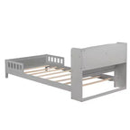 Lit en bois Twin Pine avec tête de lit bibliothèque et LED à détecteur de mouvement, barrières réglables, lit pour enfant